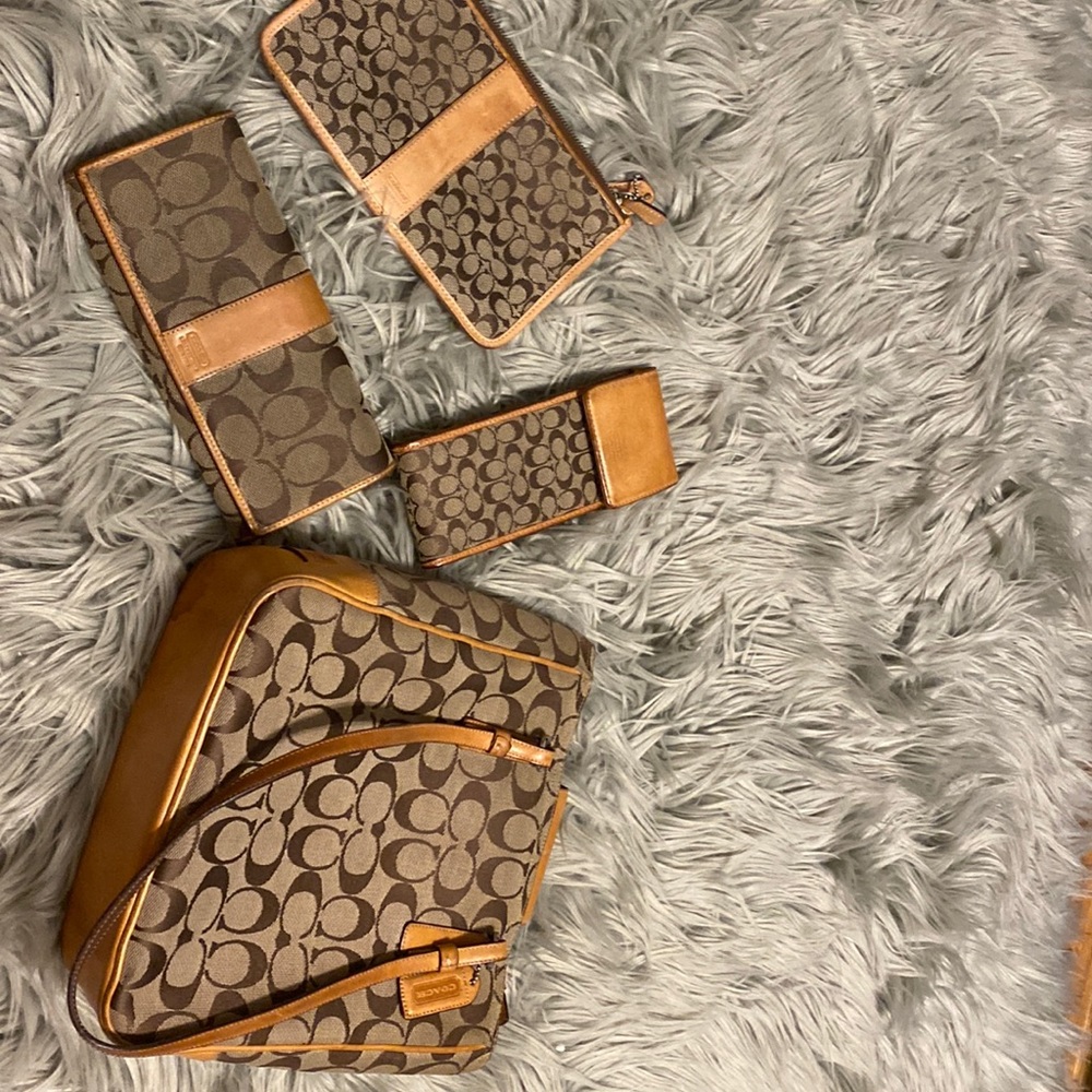 Coach printed pocketbook that comes with eye glass case wallet and pouch